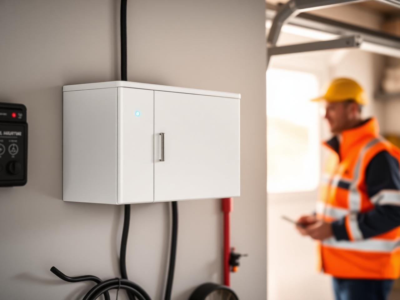 Home battery storage unit installed in a garage